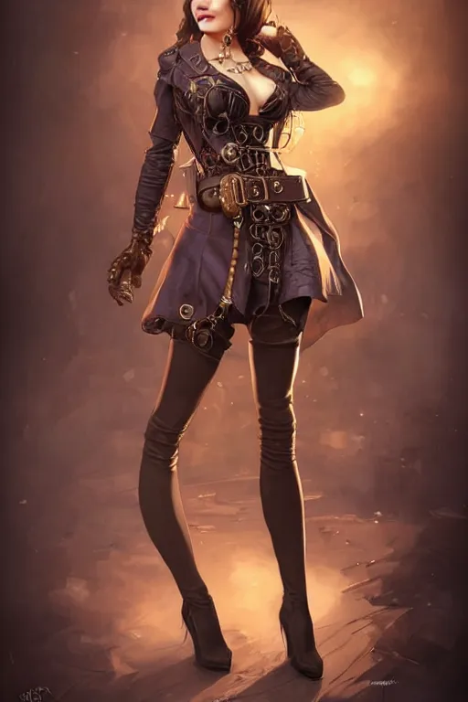 Image similar to full body photo of a gorgeous young woman wearing a steampunk outfit in the style of stefan kostic, realistic, sharp focus, 8k high definition, insanely detailed, intricate, elegant, art by stanley lau and artgerm