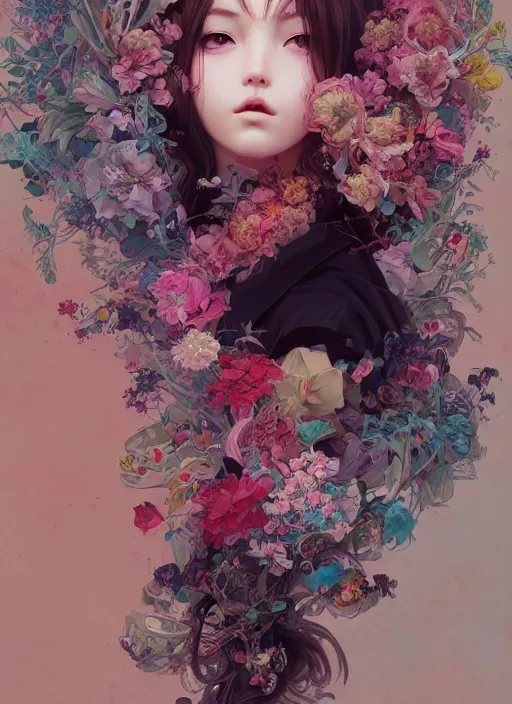 Image similar to 3 / 4 view lisa blackpink portrait illustration, beautiful floral and plants ornaments in cloth and hair, art by ilya kuvshinov, hayao miyazaki, peter mohrbacher and makoto shinkai