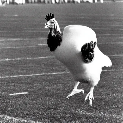 Image similar to the famous funky chicken runs across a football field, interrupting the big game, 3 5 mm