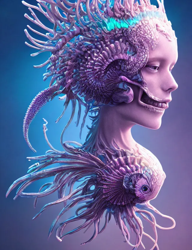 Image similar to 3 d goddess macro close - up portrait wigh crown made of ram skull. betta fish, jellyfish phoenix, bioluminiscent, plasma, ice, water, wind, creature, super intricate ornaments artwork by tooth wu and wlop and beeple and greg rutkowski