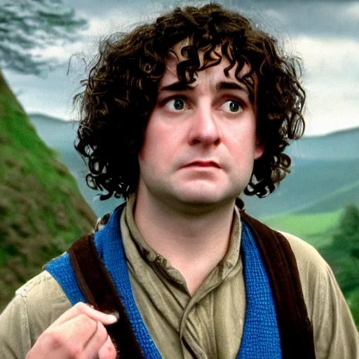 Image similar to close up headshot of a frowning clean shaven pudgy British lad with short curly dark brown hair as a hobbit wearing a white men's crossbody sling chest bag and blue vest, blue vest!! white crossbody chestbag!! high resolution film still, movie by Peter Jackson