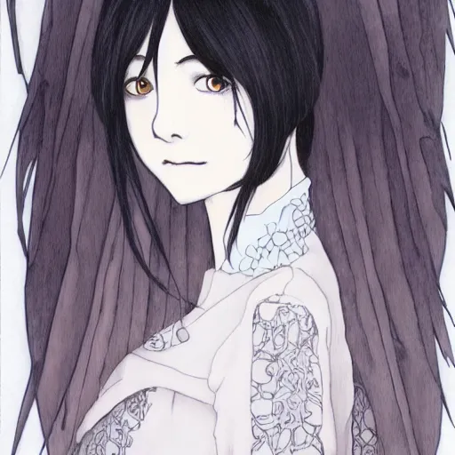 Image similar to dark haired girl, goth style, raven on her shoulder, pale gentle face, intricate detailed outfit, art by sakimichan, studio ghibli