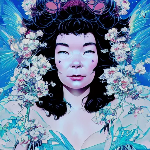 Image similar to portrait of crazy beautiful singer bjork, ymmetrical, by yoichi hatakenaka, masamune shirow, josan gonzales and dan mumford, ayami kojima, takato yamamoto, barclay shaw, karol bak, yukito kishiro