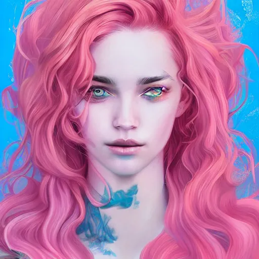 Image similar to beautiful magic angel with flowing pink hair, full body, blue piercing eyes, high brows, beautiful aesthetic, by james jean, trending on artstation, digital art