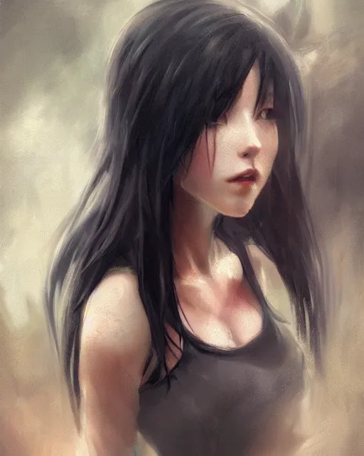 Image similar to beautiful tifa lockhart, face centered portrait, cottagecore, confident, fog, rain, volumetric lighting, soft light particles floating near her, illustration, perfectly shaded, oft painting, art by krenz cushart and wenjun lin