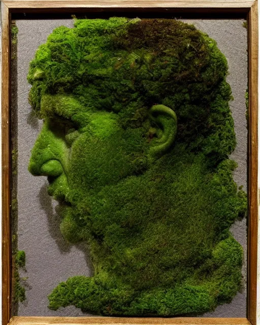 Image similar to a man's face in profile, made of moss, in the style of the dutch masters and gregory crewdson, dark and moody