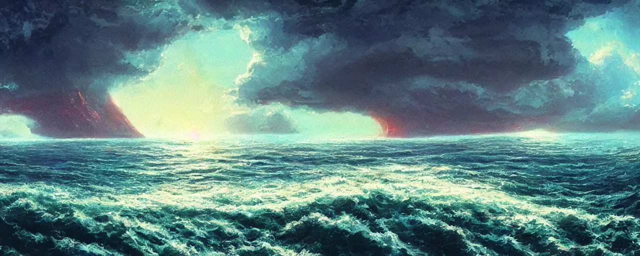 Image similar to ” vast ocean, [ art by paul lehr, cinematic, detailed, epic, widescreen, opening, establishing, mattepainting, photorealistic, realistic textures, octane render ] ”