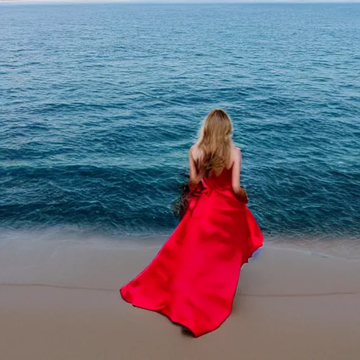 Prompt: woman with waving long hair, satin red dress, walking up to her waist in the ocean, back view, first person view