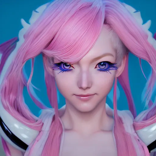 Image similar to stunningly beautiful omnipotent megalomaniacal anime goddess with porcelain skin, pink hair and mesmerizing cyan eyes, symmetrical perfect face smiling in a mischievous, devious and haughty way while looking down upon the viewer, mid view, hyperdetailed, unreal engine 5, 8 k