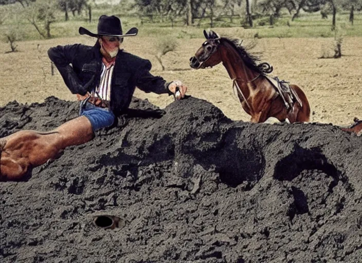 Prompt: a cowboy wearing an eye mask disguise while he sinks into a tar pit with his horse, wide shot, from the hit 9 0 s tv show