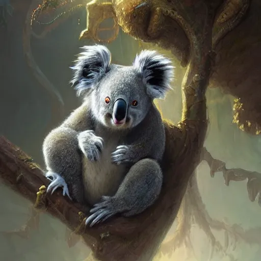 Prompt: a detailed portrait of a koala wizard, by justin gerard and greg rutkowski, digital art, realistic painting, dnd, character design, trending on artstation