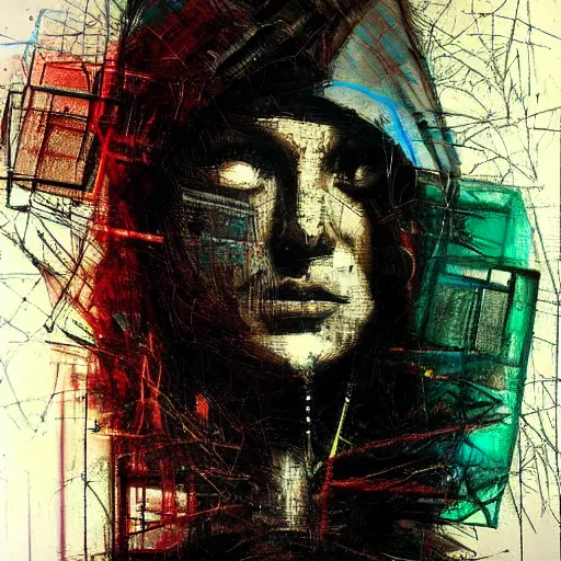 Image similar to portrait of a hooded character wearing a cyberpunk visor, mysterious, shadows, by Guy Denning, by Johannes Itten, by Russ Mills, glitch art, hacking effects, chromatic, color blocking, oil on canvas, concept art, abstract