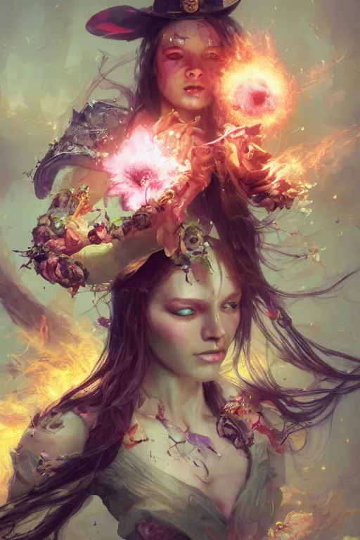 Image similar to beautiful girl necromancer, witch - doctor exploding into flowers, angels, 3 d render, hyper - realistic detailed portrait, holding fire and electricity, ruan jia, wlop. scifi, fantasy, magic the gathering, hyper detailed, octane render, concept art, peter mohrbacher