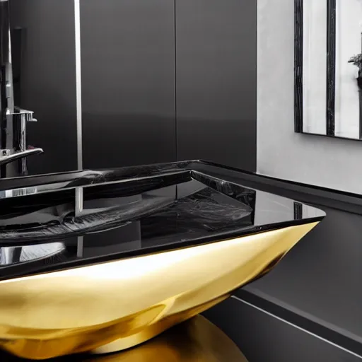 Prompt: gold sink designed by zaha hadid, atop a black onyx stand. Behind it is a gold sunburst mirror.