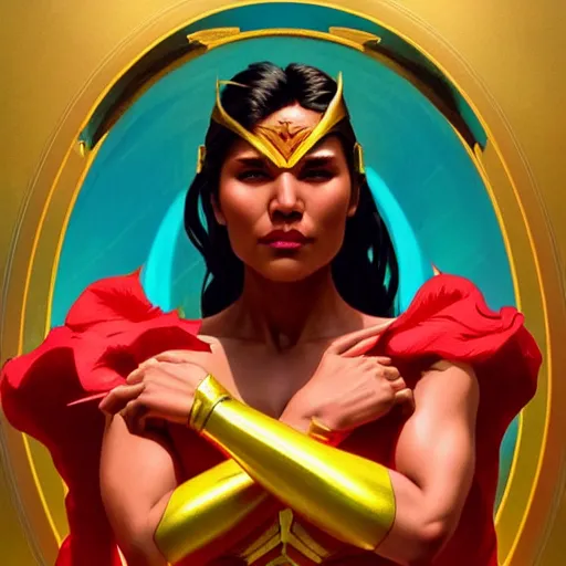 Image similar to iza calzado as darna, volumetric lights, red and cyan theme, art nouveau botanicals, intricate, highly detailed, digital painting, artstation, concept art, smooth, sharp focus, cinematic, illustration, beautiful face, art by artgerm and greg rutkowski and alphonse mucha