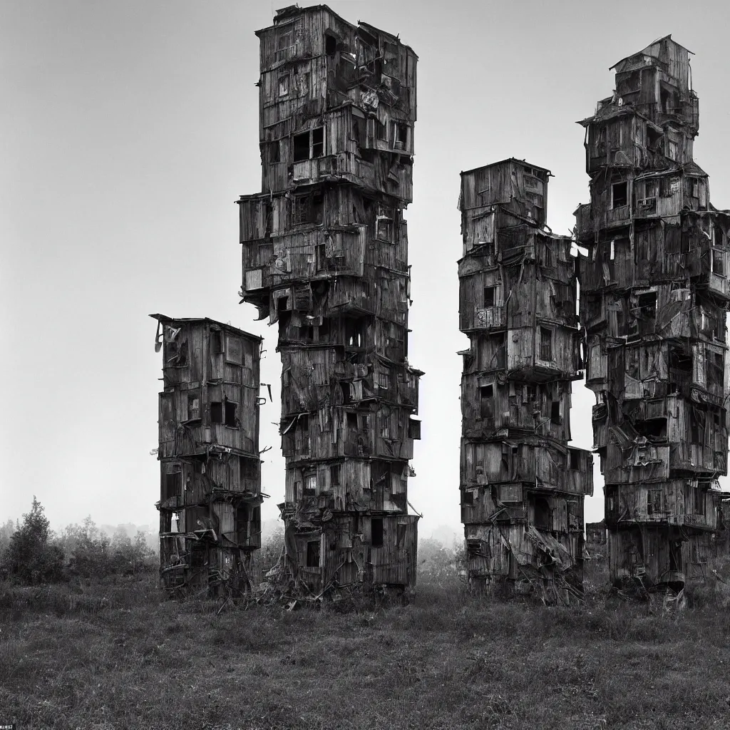 Prompt: two giant towers, made up of makeshift squatter shacks, misty, dystopia, mamiya rb 6 7, fully frontal view, very detailed, digital glitches, photographed by ansel adams