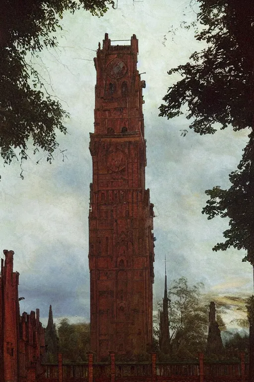 Prompt: view of the old tower and its gardens after a storm, tall windows lit up, beautiful ornamental architecture, dramatic cinematic lighting, rich colors, by Caspar David Friedrich and Diego Rivera and ford madox brown, smooth, sharp focus, extremely detailed, featured on artstation