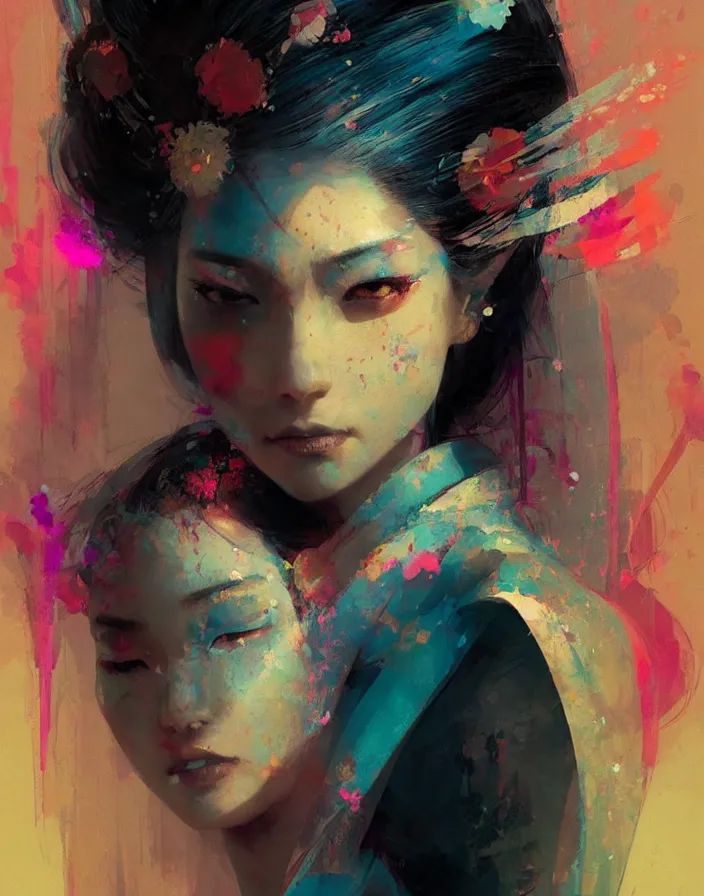 Image similar to portrait of a beautiful geisha, volume lighting, concept art, by greg rutkowski!!, colorful, xray melting colors!!