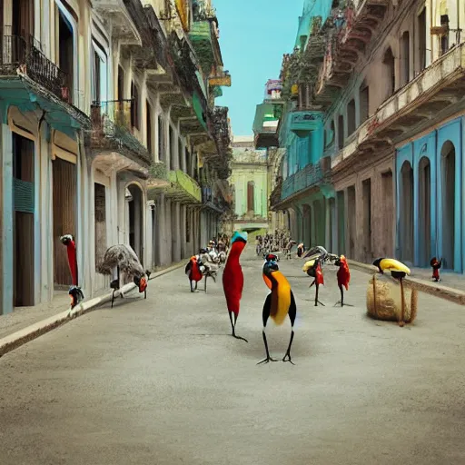 Image similar to spoonbills, toucans, and hornbills in old havana by bo bartlett, realistic 3 d, hyperrealistic, super detailed, octane render, 8 k, depth of field, glossy surface, liquid texture, trending on behance, cgsociety, cinematic lighting