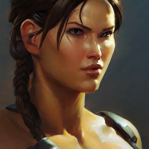 Image similar to greg manchess portrait painting of partially armored lara croft as overwatch character, close - up shot, asymmetrical, profile picture, organic painting, sunny day, matte painting, bold shapes, hard edges, street art, trending on artstation, by huang guangjian and gil elvgren and sachin teng