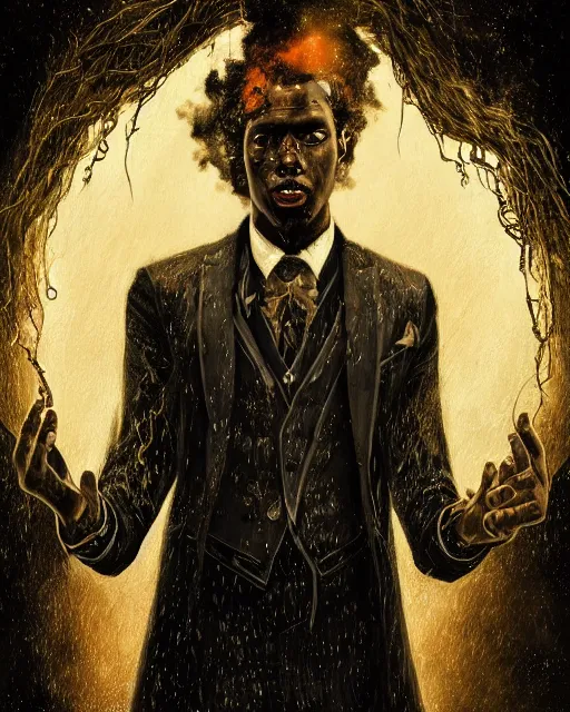 Prompt: a highly detailed portrait of black male magician radiating a powerful energy aura, ornate back tuxedo, wispy tendrils of smoke, intricate, digital painting, old english, raining, sepia, particles floating, whimsical background by marc simonetti, artwork by liam wong