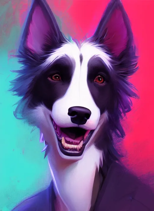 Image similar to wide angle beautiful full body portrait of a cute male anthropomorphic anthro border collie fursona wearing cowboy outfit in a neon metropolis, character design by charlie bowater, henry asencio, and ross tran, furry art, furaffinity, beautiful, glamor pose, detailed, aesthetic, trending on artstation