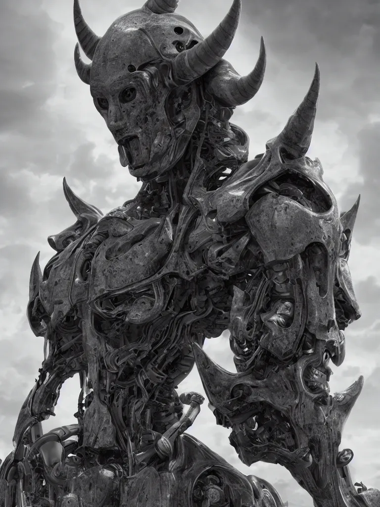 Image similar to Techno-God is an ancient mechanical gray giant horned humanoid, digital art, 16k, hyperrealism, high detail, ray tracing, concept art, octane render