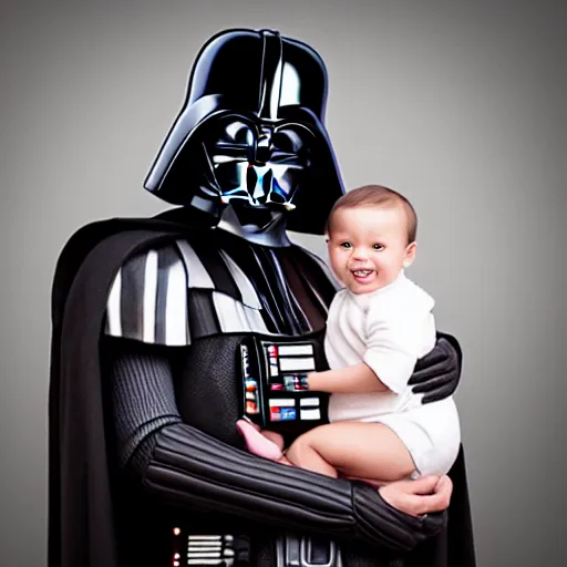 Image similar to a picture of Darth Vader holding a baby in a family portrait with wife and kids, photoshoot, studio lighting. Realistic, professional photography