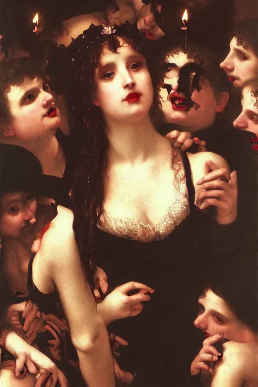 Prompt: a renaissance oil painting by alma tadema of demonic beautiful vampire woman mistress of death mourning widow running in fear from a group of muscular gigachad men, faint smile dark lipstick, dark lit candles, colourful pastel trending artstation, detailed portrait academic bouguereau caravaggio high shadow contrast medium shot