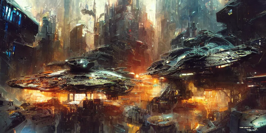 Image similar to hi - tech alien space ship crashed on dystopian earth, nyc 2 0 7 7, detailed, sharp focus, brush strokes, technicolor, by john berkey, craig mullins.