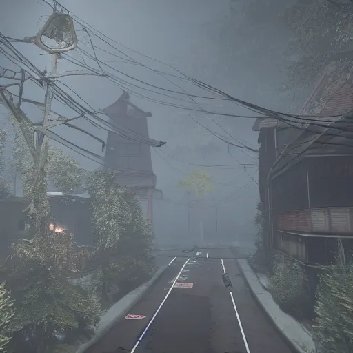 Prompt: playstation 5 screenshot of silent hill, overhead view, breathtaking