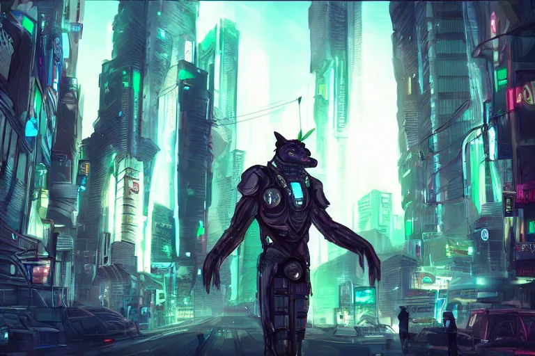 Image similar to a transhuman wolf in a cyberpunk city, trending on artstation, by kawacy, neon backlighting, furry art