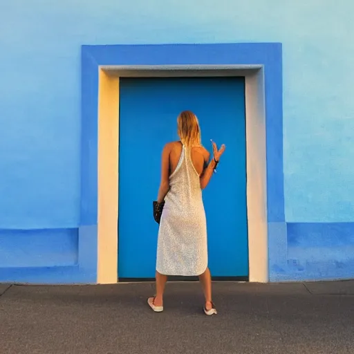 Prompt: a woman facing a blue portal on the street, which shows a beach at sunset