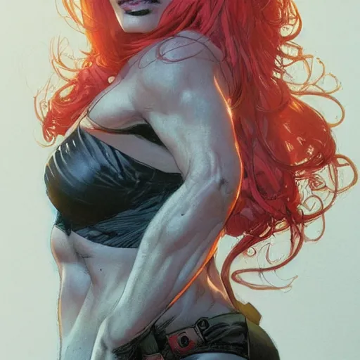 Image similar to a beautiful comic shot artwork portrait of a red-headed woman by Jerome Opeña, featured on artstation