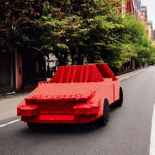 Prompt: photo of a car made out of bricks driving down a city street in the daytime and leaving a trail of red in its path