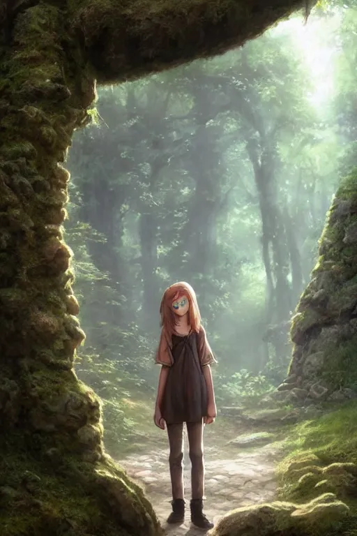 Prompt: a highly detailed matte painting of a teenager with shaggy hair and hip clothes standing in front of a stone gate in the elven forest ruins, by studio ghibli, by artgerm, by wlop, by greg rutkowski, detailed face, perfect eyes, volumetric lighting, octane render, 4 k resolution, trending on artstation, masterpiece