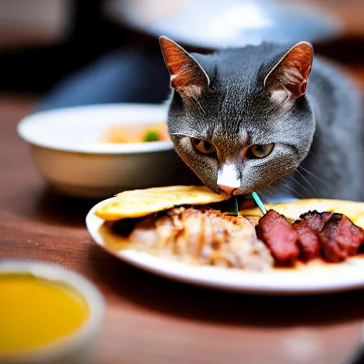 Image similar to grey brittish short hair cat eating kebap, animal photography, food photography