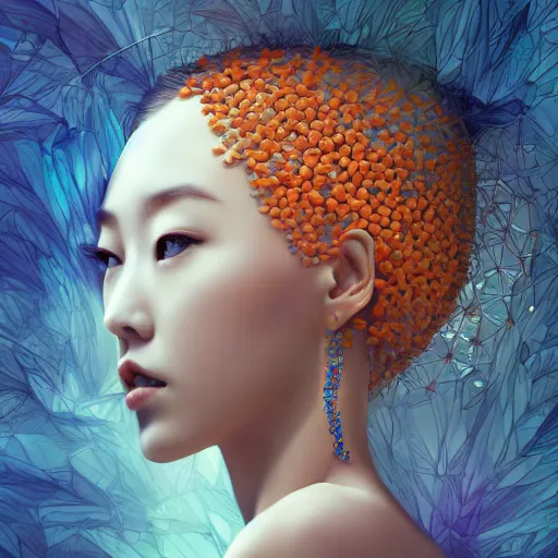 Prompt: the head of an incredibly beautiful and elegant korean woman partially made of carrots and blueberries looking up, an ultrafine detailed illustration by james jean, final fantasy, intricate linework, bright colors, behance contest winner, vanitas, angular, altermodern, unreal engine 5 highly rendered, global illumination, radiant light, detailed and intricate environment