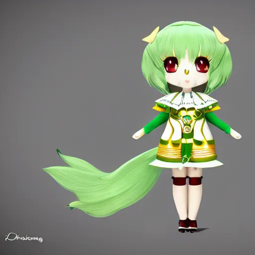 Image similar to cute fumo plush of a girl in a green and gold tribal patterned dress, stylized material bssrdf, cel shading, vray, anime girl