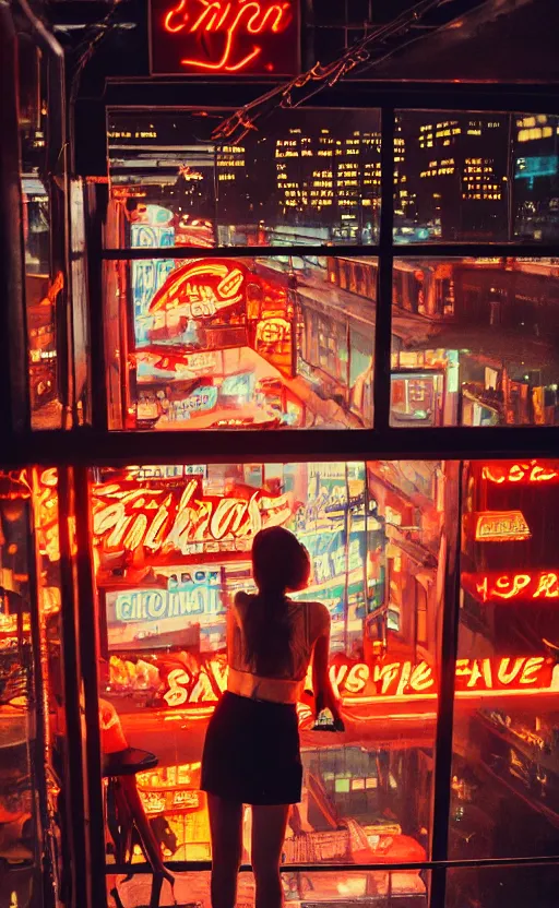 Image similar to vertical movie frame portrait of girl in 5 0's retro restaurant interior, neon - decorated urban on night in the city seen through the window, modern interior design, architectural design, vintage, night blade runner, dark, postapocalyptic, clean lines, 4 k, octane, asian futuristic city at distance, big windows, octane, wide angle