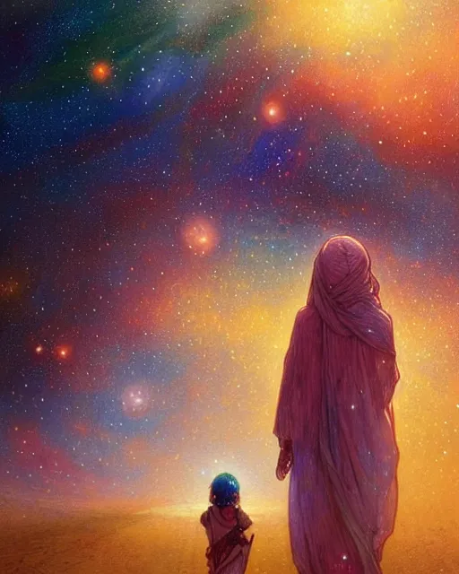 Image similar to bedouin child praying in galaxy walking towards mosque surrounded by nebula, highly detailed, gold filigree, romantic storybook fantasy, soft cinematic lighting, award, disney concept art watercolor illustration by mandy jurgens and alphonse mucha and alena aenami, pastel color palette, featured on artstation