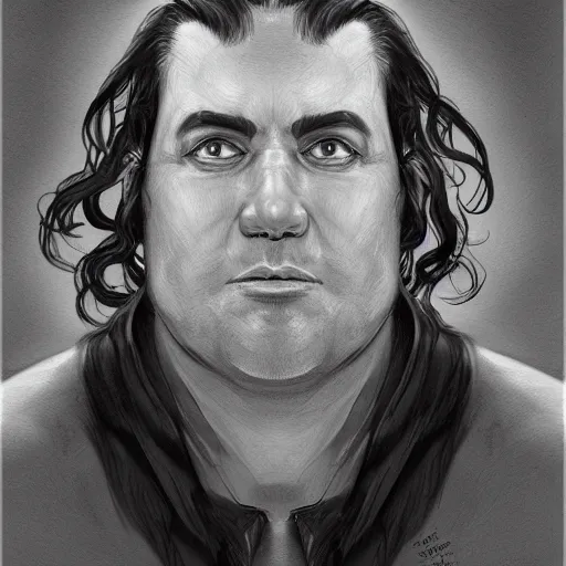 Prompt: a portrait of a short fat man with long curly black hair and a brown suit on viewing blueprints, D&D, sci-fi, elegant, hopeful, muscular, highly detailed, digital painting, artstation, concept art, smooth, sharp focus, illustration