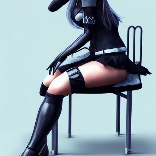 Prompt: a girl inspired from 2b from nier automata, sitting on a chair, 4k ultra realistic, trending on artstation concept, professional art