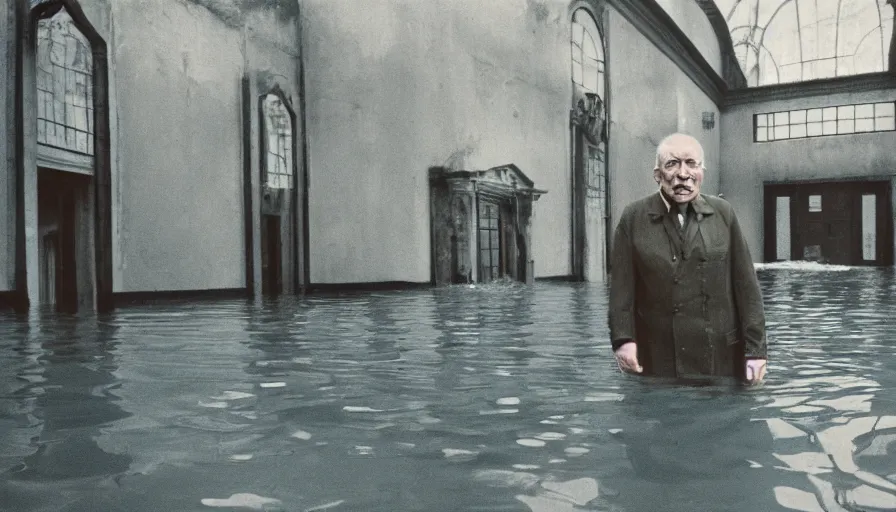 Prompt: 7 0 s movie still of an old manstanding in a soviet stalinist style palace flooded in water, eastmancolor, heavy grain, high quality, high detail