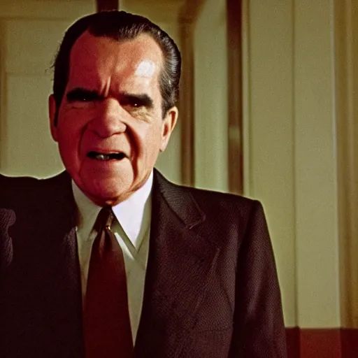 Prompt: A movie still of Richard Nixon in The Shining