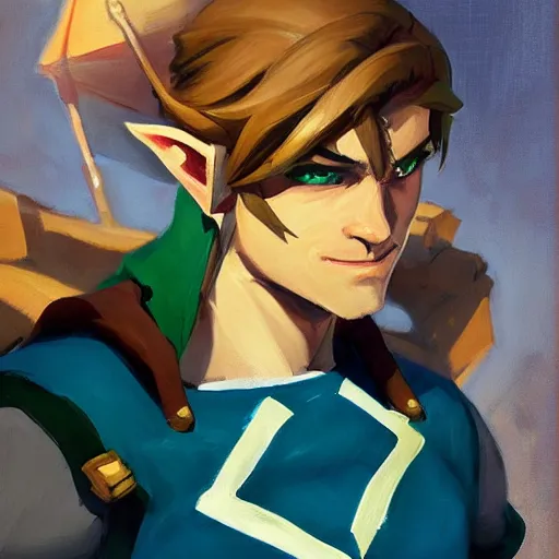 Image similar to greg manchess handsome portrait painting of young link in the legend of zelda as overwatch character, medium shot, asymmetrical, profile picture, organic painting, sunny day, matte painting, bold shapes, hard edges, street art, trending on artstation, by huang guangjian and gil elvgren and sachin teng