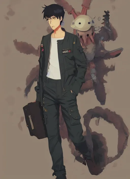 Prompt: a handsome young man! model, wearing ma - 1 flight suit jacket and overalls, trending on pixiv fanbox, painted by greg rutkowski makoto shinkai takashi takeuchi studio ghibli, akihiko yoshida