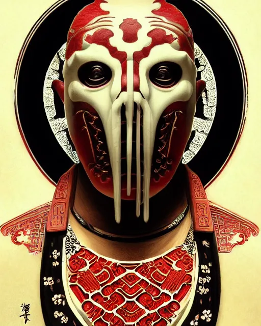 Image similar to portrait of slipknot band, upper half portrait, decorated with chinese opera motifs, asian, bian lian, traditional chinese art, intricate, elegant, highly detailed, symmetry, digital painting, artstation, concept art, smooth, sharp focus, illustration, art by artgerm and greg rutkowski and alphonse mucha, 8 k