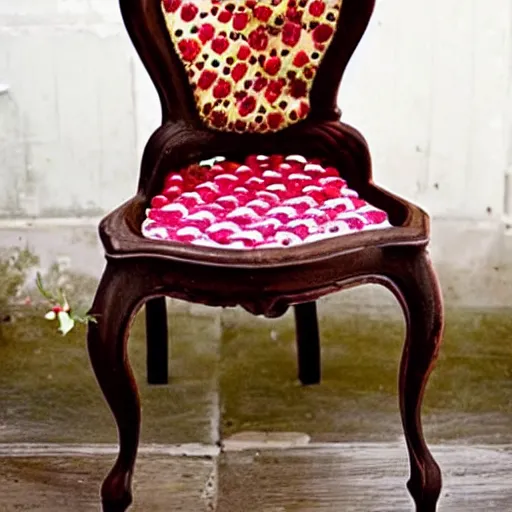 Prompt: “chair made from strawberries in a chocolate house, whimsical, atmospheric”