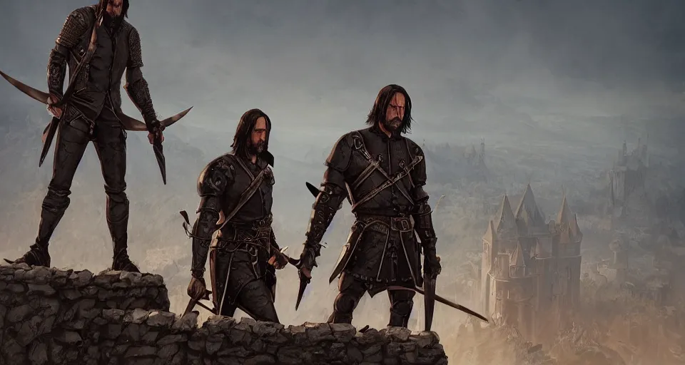 Image similar to john wick and Simon peck as medieval bowmen, standing on a gothic style castle wall, overlooking a bloody battlefield in the background, trending on artstation, artwork in style of peter mohrbacher, unreal engine, octane render, intricate details, 8k high definition, beauriful, ornate, hyperrealistic